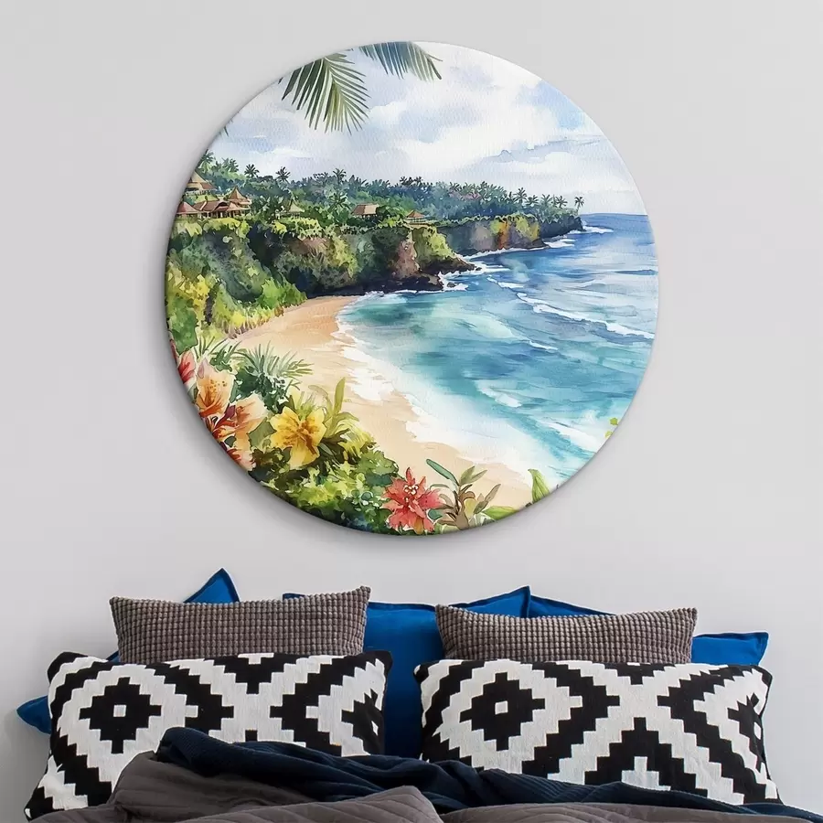 Wandbilder Tropischer Meeresstrand, Palmen, Blumen, Aquarellstil r44145