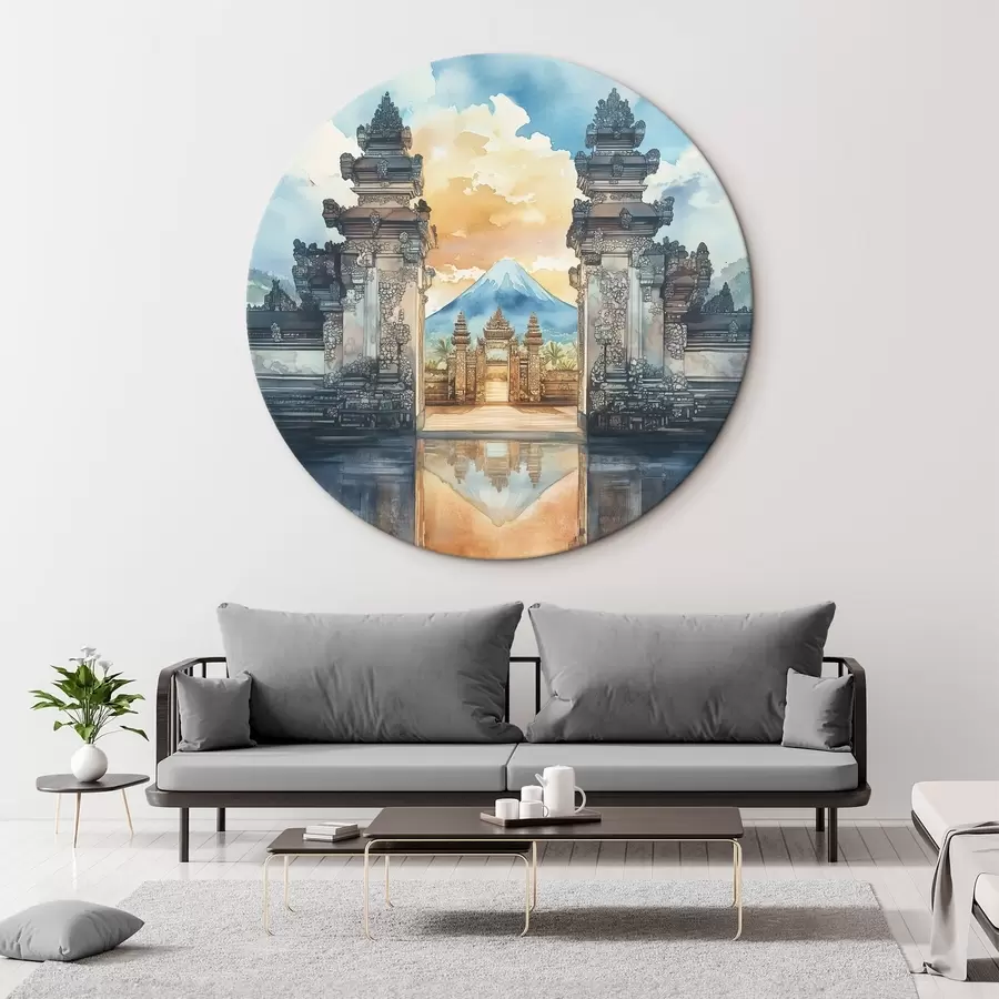 Wandbilder Bali Ästhetik, Tempel, Sonnenuntergang Himmel, tropische Natur, Aquarell-Stil r44149