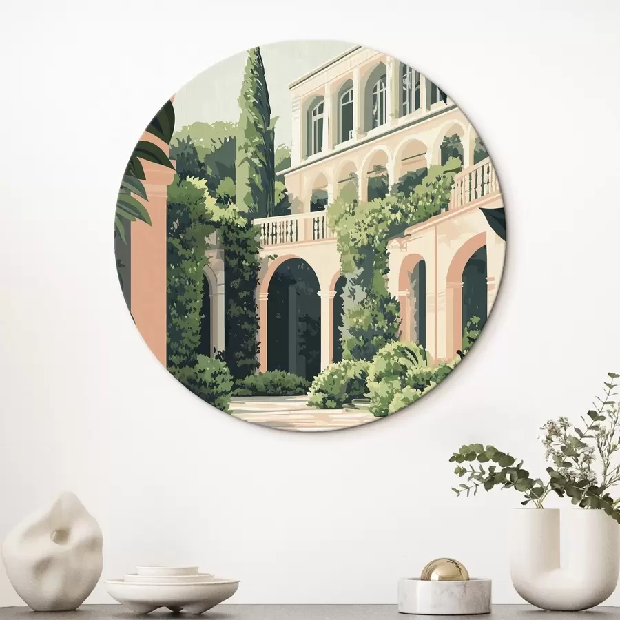 Wandbilder Mediterrane Architektur, tropische Natur, flacher Stil, Villa mit Garten r44150