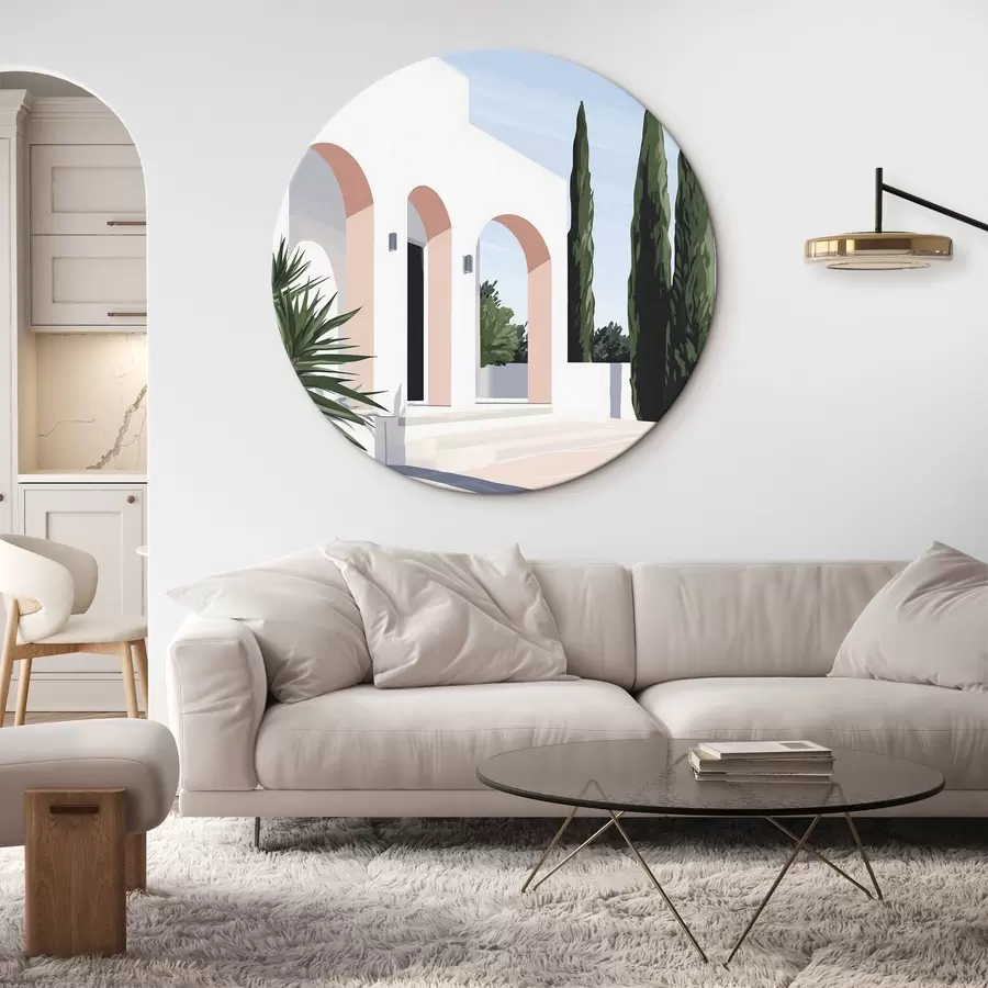 Wandbilder Weiße Villa mit Bögen und tropischem Garten, mediterraner, flacher Stil r44153