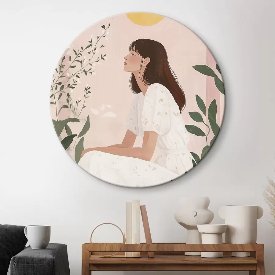 Wandbilder Schöne Frau im tropischen Garten, Sonne, Pastellfarben r44155