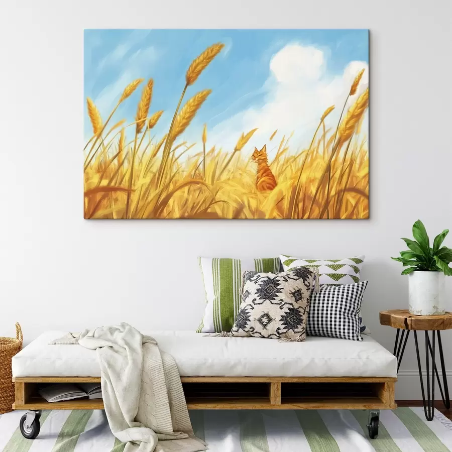 Wandbilder Katze auf dem Feld mit Weizenähren s44211