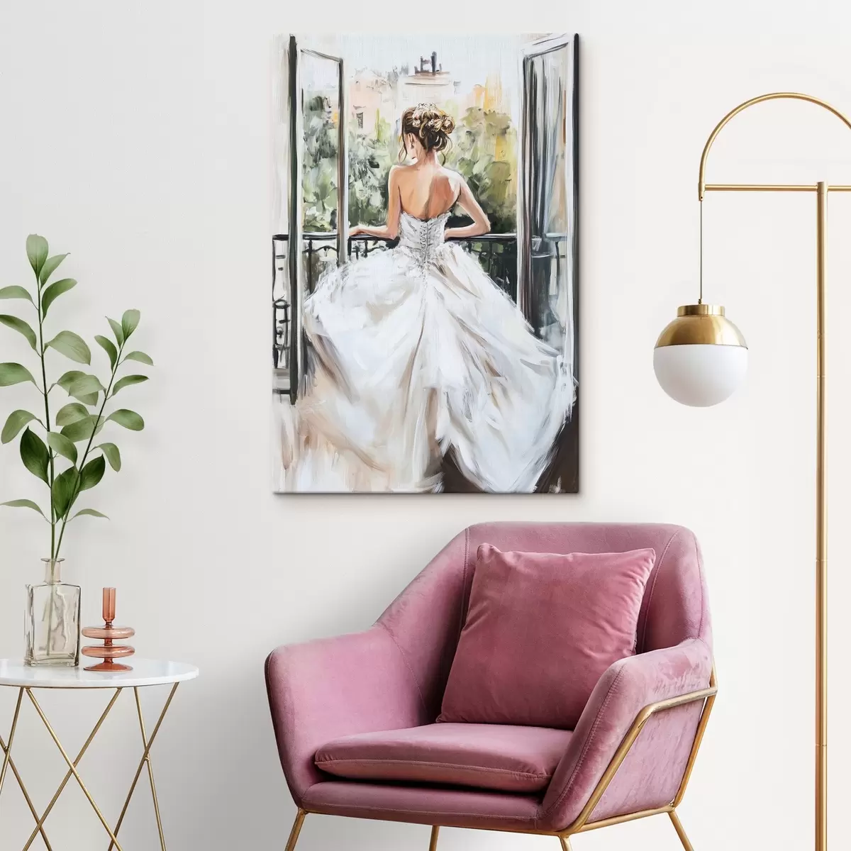 Wandbilder Mädchen in einem weißen Kleid auf dem Balkon s44226