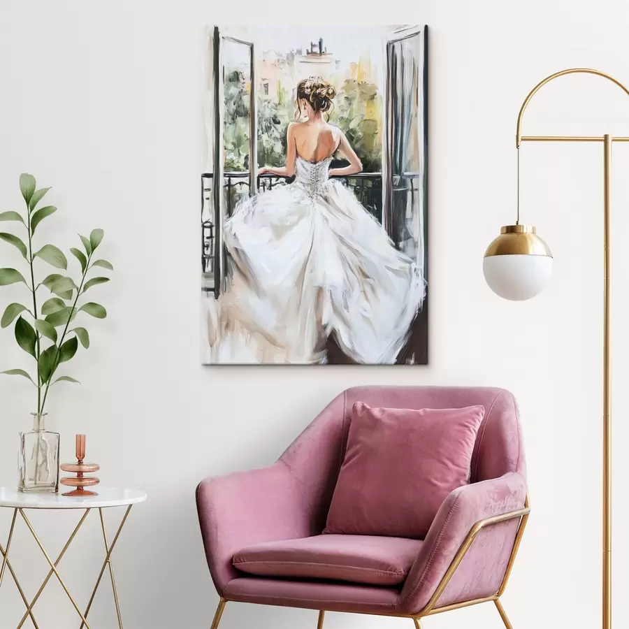 Wandbilder Mädchen in einem weißen Kleid auf dem Balkon s44226