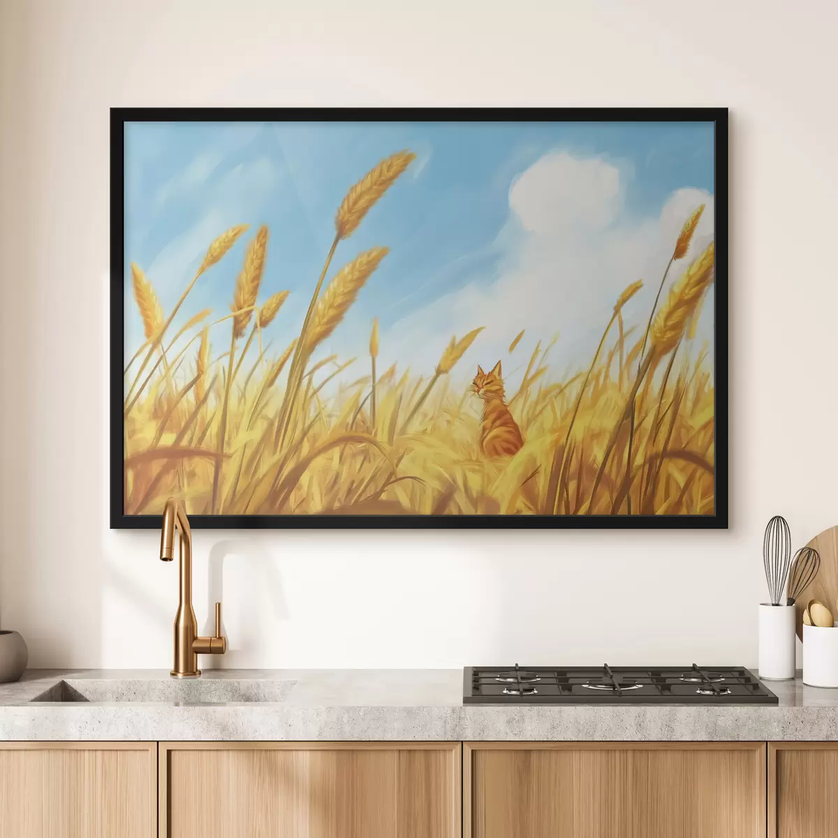 Poster Katze auf dem Feld mit Weizenähren f44211