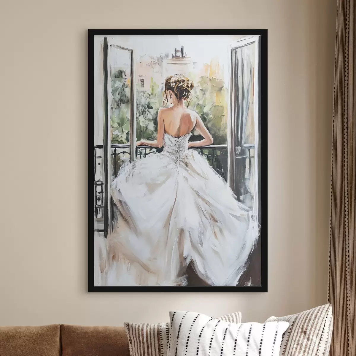 Poster Mädchen in einem weißen Kleid auf dem Balkon f44226