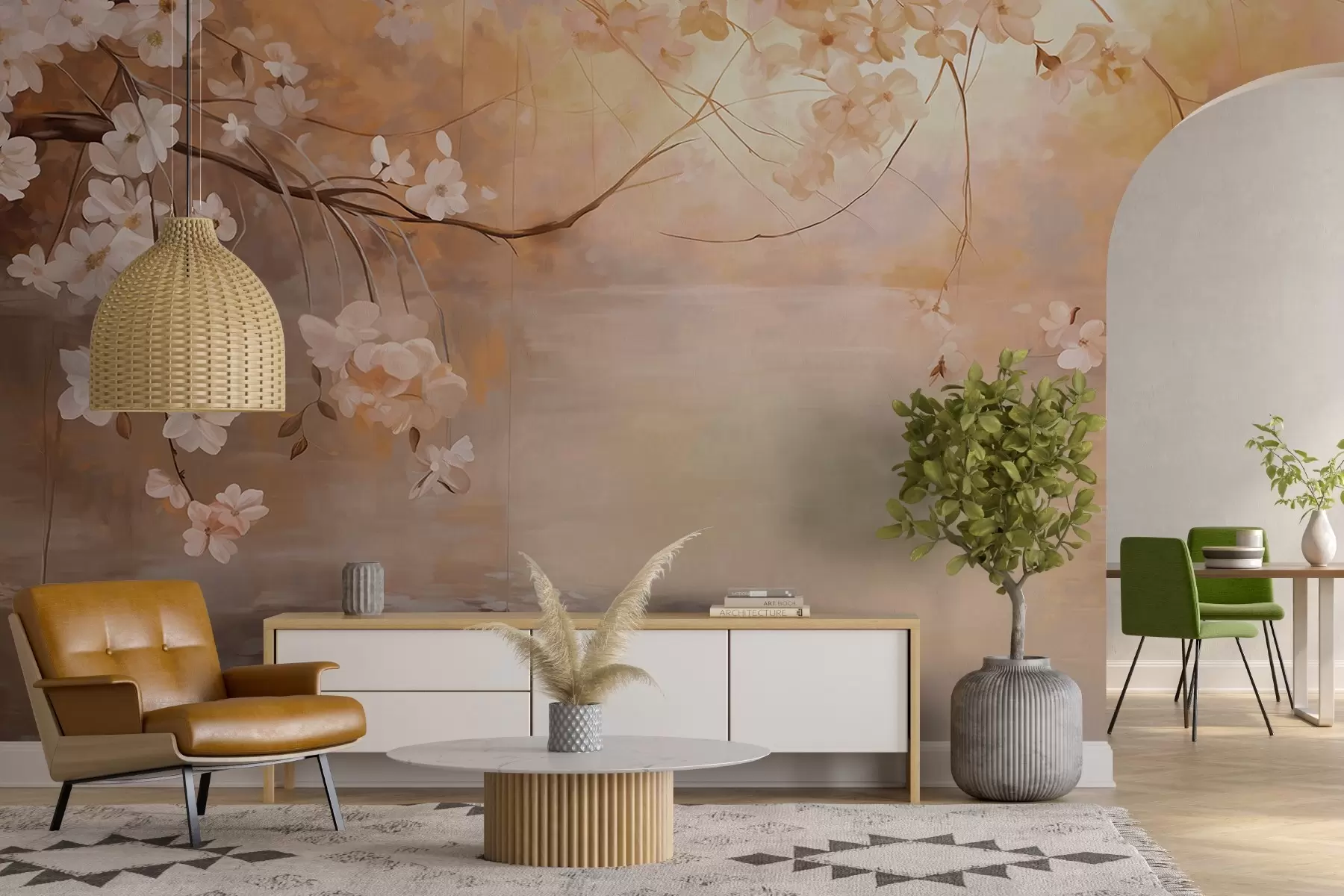 Fototapete Abstrakte Landschaft Kunst mit Blüte Zweig und weißen Blumen hängen über einem See, weiche Pastellfarben w09046