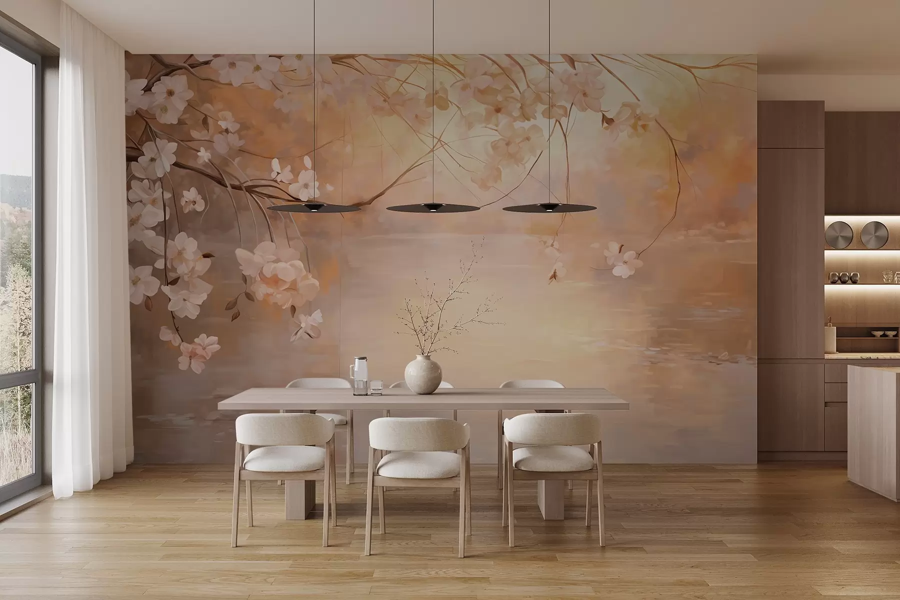 Fototapete Abstrakte Landschaft Kunst mit Blüte Zweig und weißen Blumen hängen über einem See, weiche Pastellfarben w09046