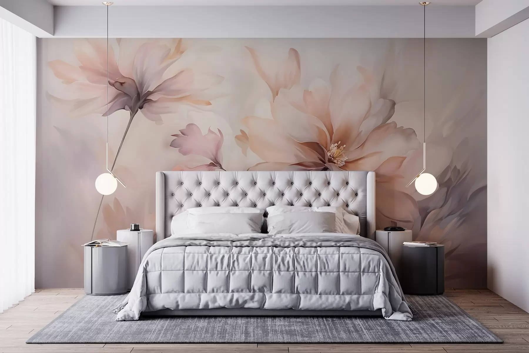 Fototapete Eine zarte Blumenkunst mit großen pastellfarbenen Blumen mit durchscheinenden Blütenblättern, weichen Stielen und einem sanften, diffusen Hintergrund w09050