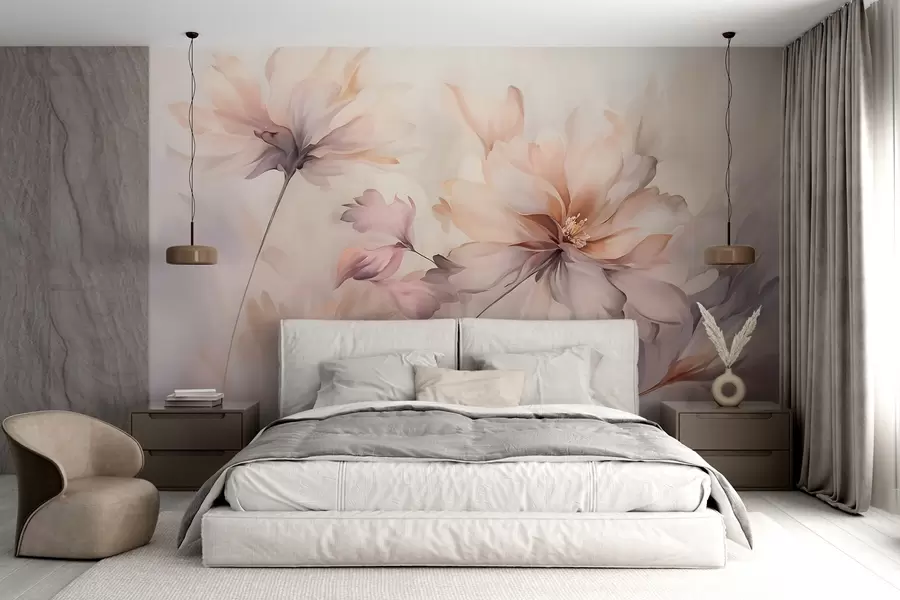Fototapete Eine zarte Blumenkunst mit großen pastellfarbenen Blumen mit durchscheinenden Blütenblättern, weichen Stielen und einem sanften, diffusen Hintergrund w09050