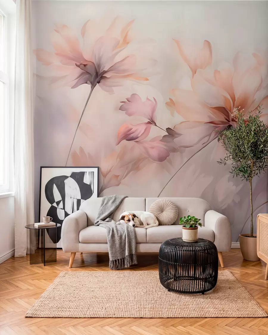Fototapete Eine zarte Blumenkunst mit großen pastellfarbenen Blumen mit durchscheinenden Blütenblättern, weichen Stielen und einem sanften, diffusen Hintergrund w09050