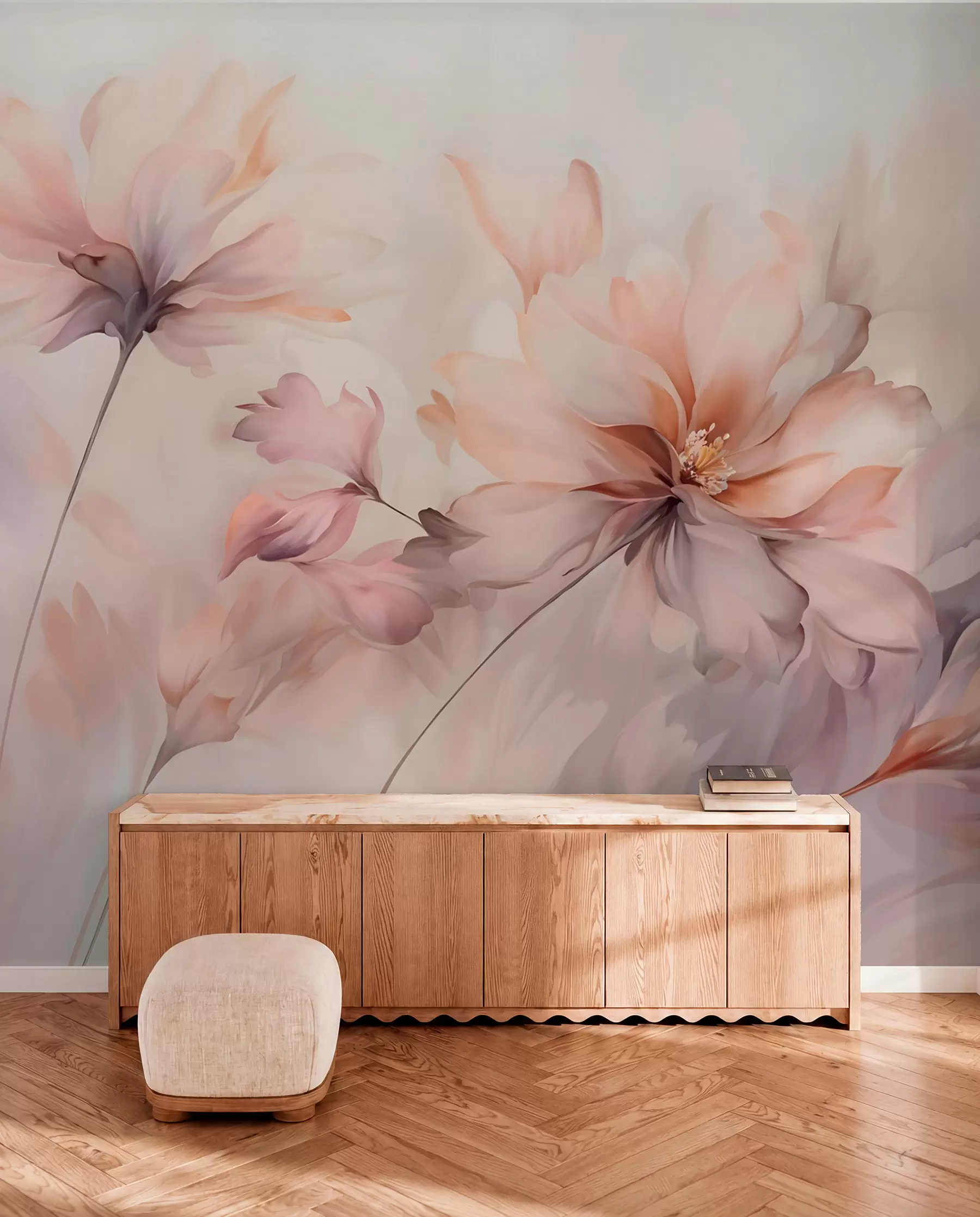 Fototapete Eine zarte Blumenkunst mit großen pastellfarbenen Blumen mit durchscheinenden Blütenblättern, weichen Stielen und einem sanften, diffusen Hintergrund w09050
