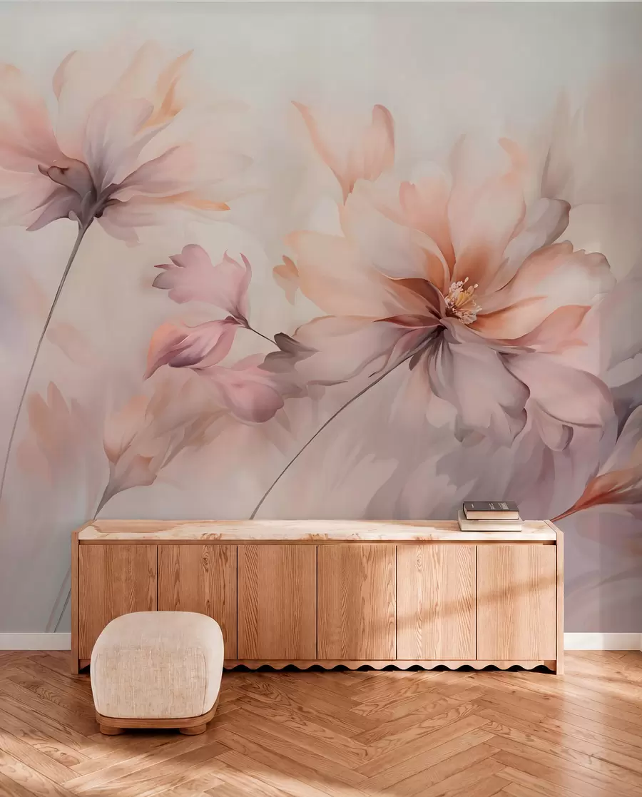 Fototapete Eine zarte Blumenkunst mit großen pastellfarbenen Blumen mit durchscheinenden Blütenblättern, weichen Stielen und einem sanften, diffusen Hintergrund w09050