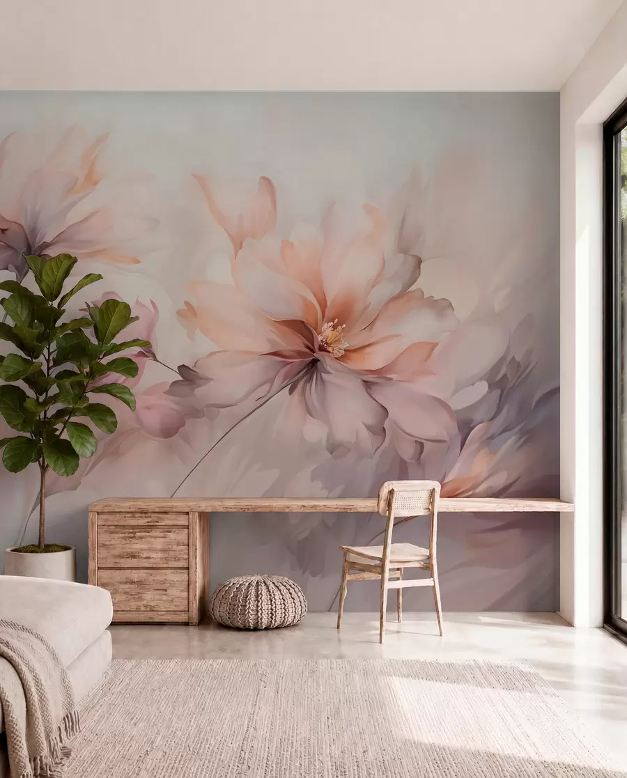 Fototapete Eine zarte Blumenkunst mit großen pastellfarbenen Blumen mit durchscheinenden Blütenblättern, weichen Stielen und einem sanften, diffusen Hintergrund w09050