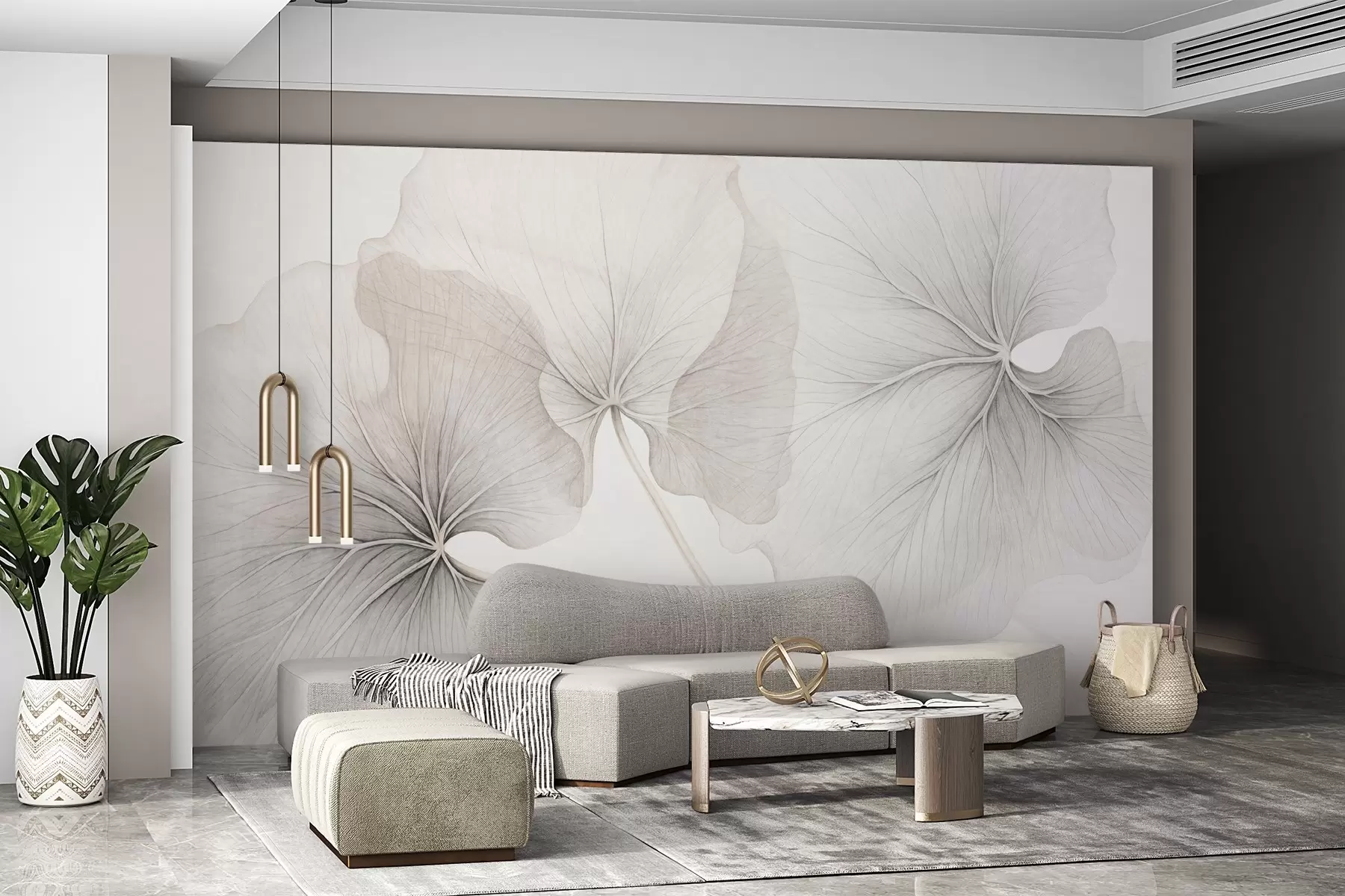 Fototapete Drei durchscheinende Blätter mit sichtbaren Adern, mit leicht überlappender Rauschtextur, mit dünnen Stielen auf weißem Grund w09052