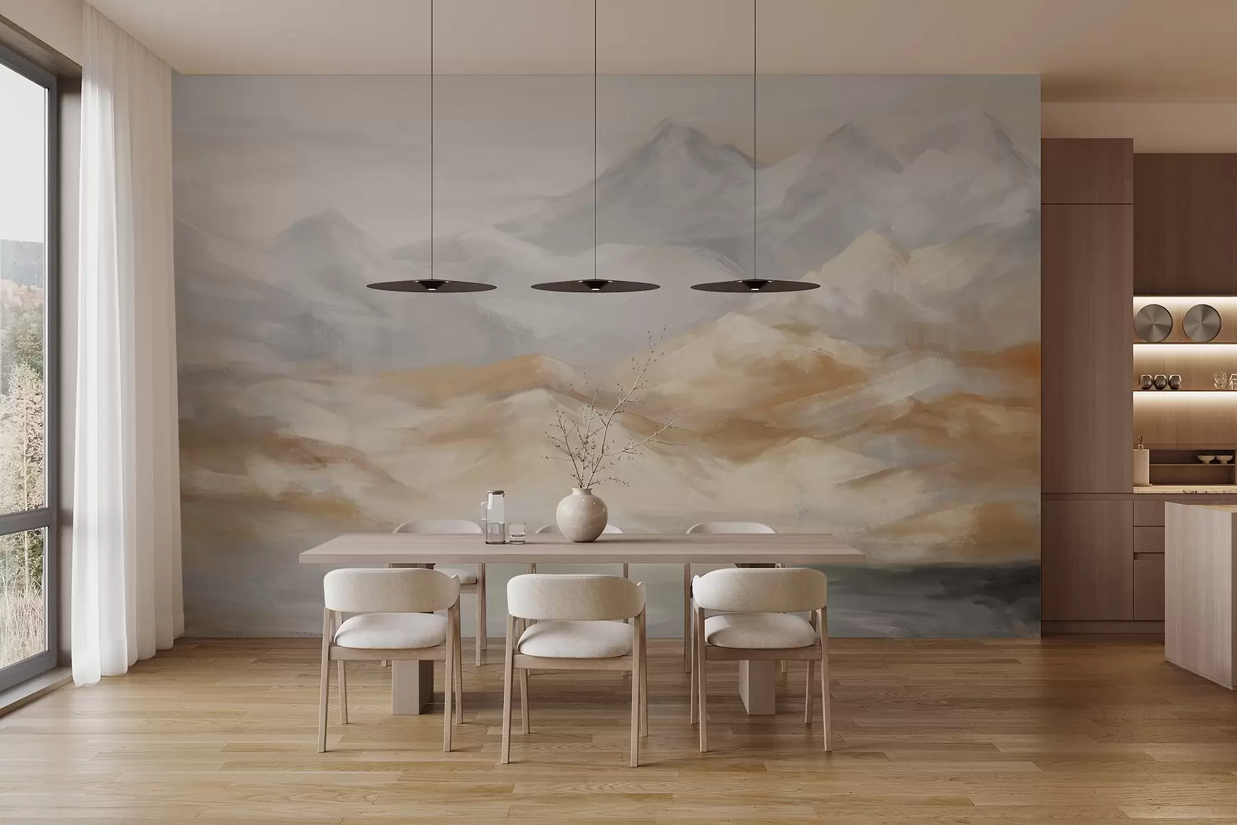 Fototapete Strukturierte Landschaftsmalerei mit Bergen und einem See im Vordergrund, in Weiß-, Grau- und Brauntönen w09057