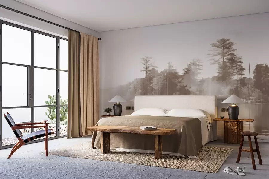 Fototapete Abstrakter Minimalismus texturierte Landschaft mit einem See und Bäume Reflexionen im Wasser in beige und weißen Farbtönen w09058v1