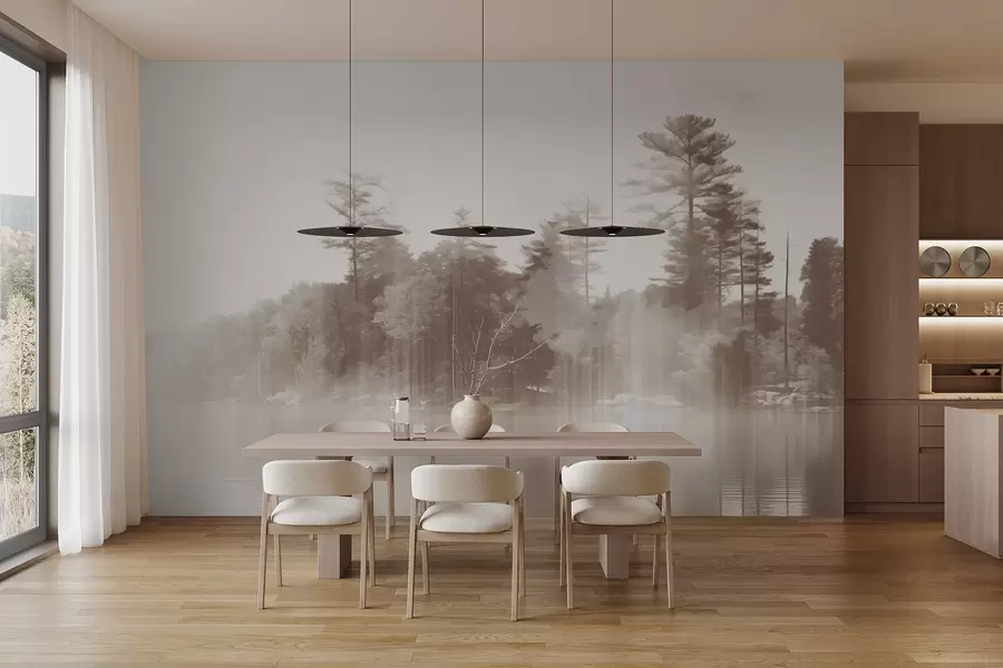 Fototapete Abstrakter Minimalismus texturierte Landschaft mit einem See und Bäume Reflexionen im Wasser in beige und weißen Farbtönen w09058v1