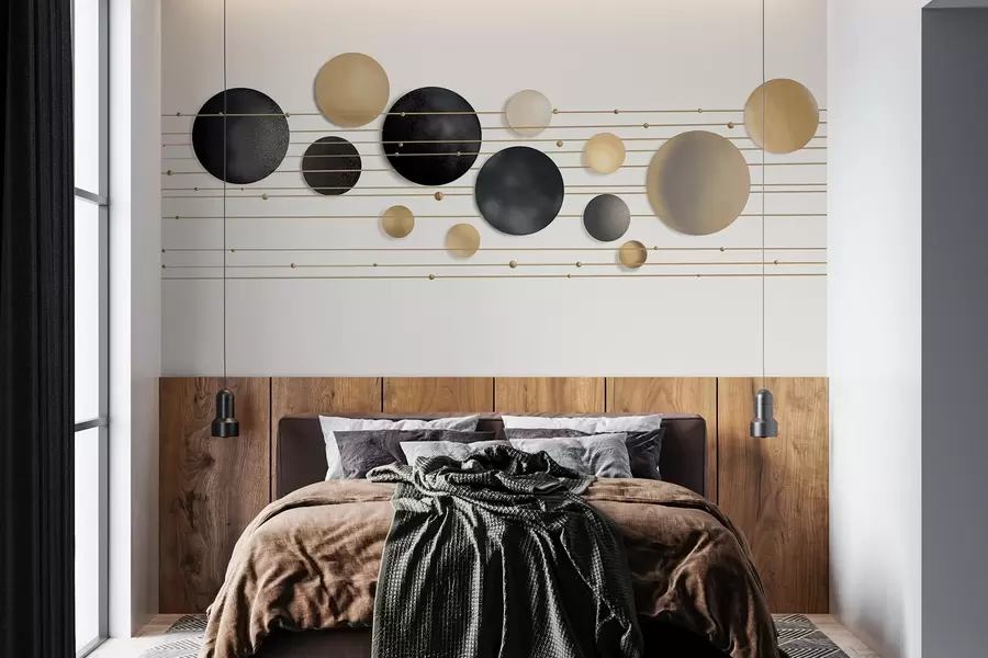 Fototapete Abstraktes modernes Design mit strukturierten Kreisen in weißen, gelben und grauen Tönen, verbunden durch dünne Linien, minimalistische Kunst w09060
