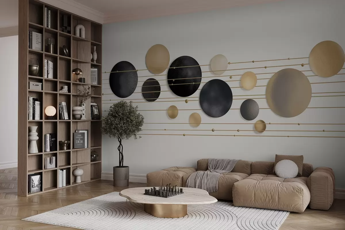 Fototapete Abstraktes modernes Design mit strukturierten Kreisen in weißen, gelben und grauen Tönen, verbunden durch dünne Linien, minimalistische Kunst w09060