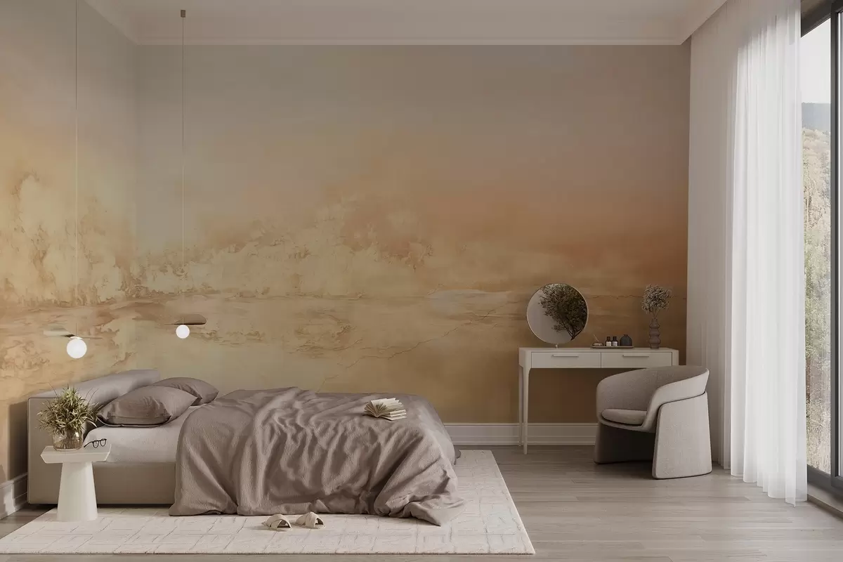 Fototapete Abstrakte, strukturierte Landschaft mit warmen Farben, einer weichen und verträumten Atmosphäre und einer Mischung aus orangen, gelben und weißen Farbtönen w09063