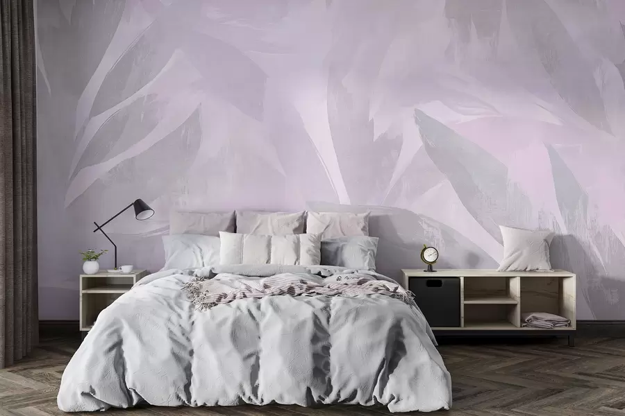 Fototapete Tropische Blätter, Blumen, Palmen, Pastell-Stil, lila Farben w03881v1