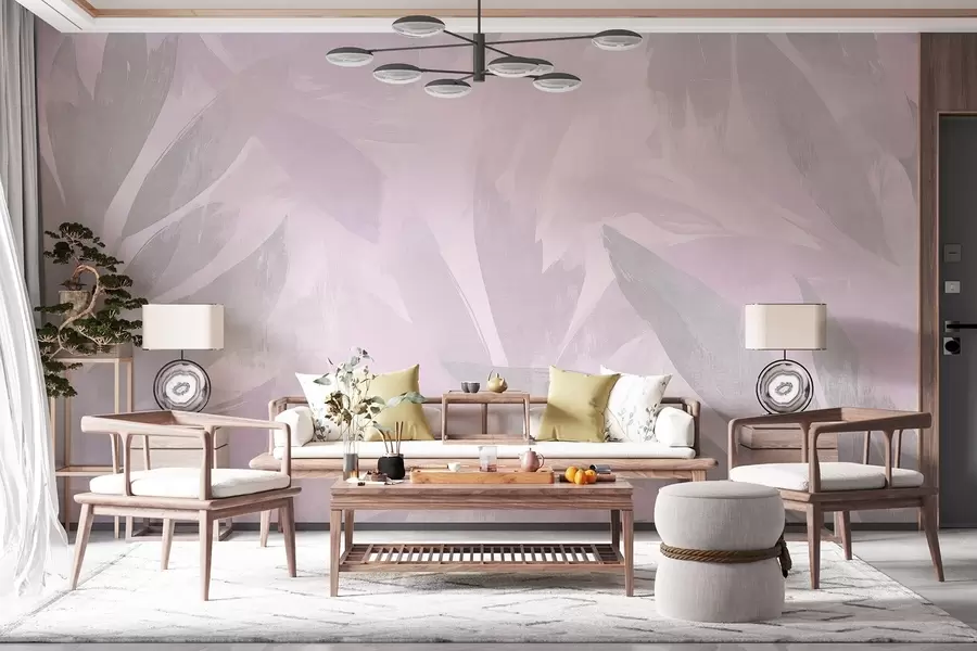 Fototapete Tropische Blätter, Blumen, Palmen, Pastell-Stil, lila Farben w03881v1