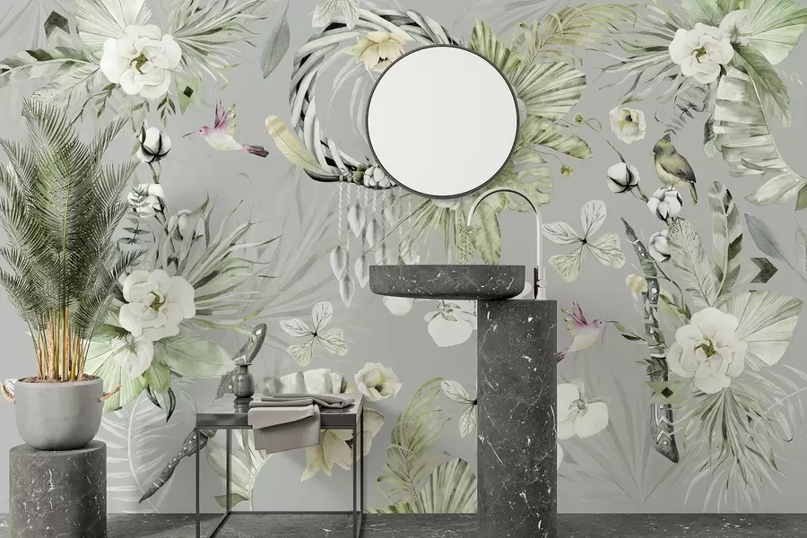 Fototapete Boho-Stil Ornament mit Pfingstrose Blumen und Vögel, Aquarell-Stil, grüne Farben w03885v2