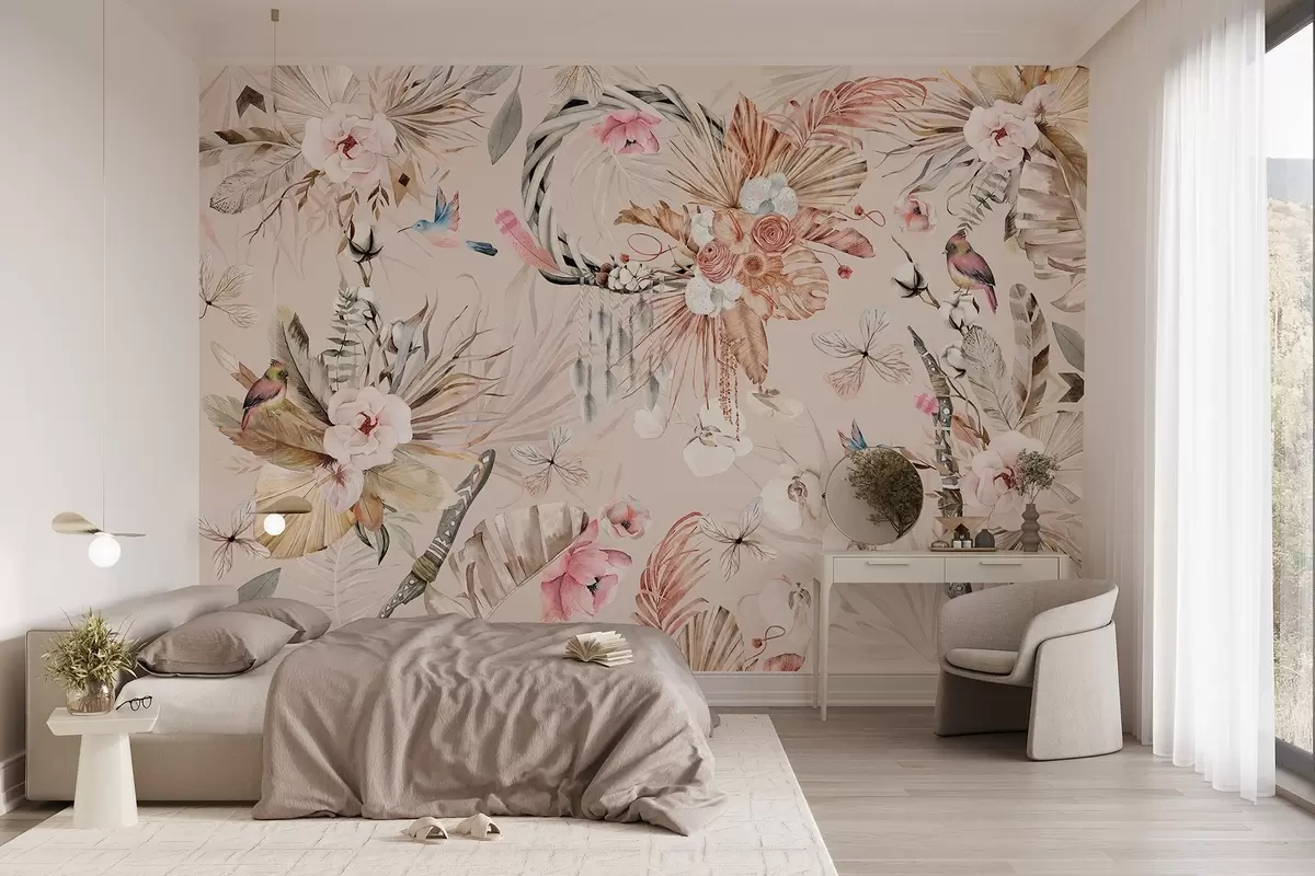 Fototapete Boho-Stil Ornament mit Pfingstrose Blumen und Vögel, Aquarell-Stil, weiche Farben w03885v3