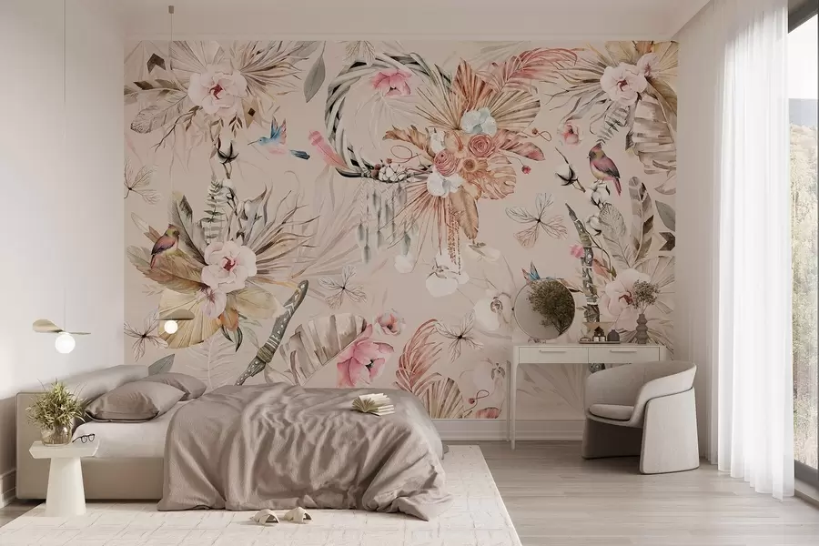 Fototapete Boho-Stil Ornament mit Pfingstrose Blumen und Vögel, Aquarell-Stil, weiche Farben w03885v3