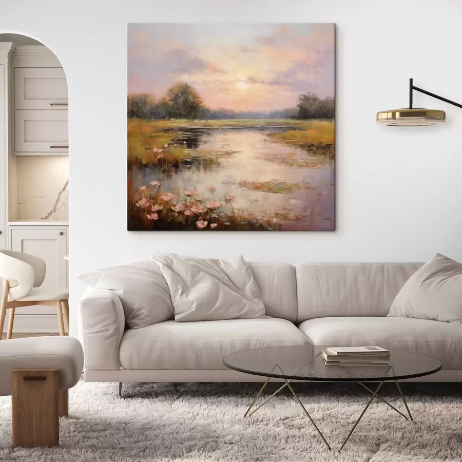 Wandbilder Wasserfläche mit Blumen bei Sonnenuntergang s44044