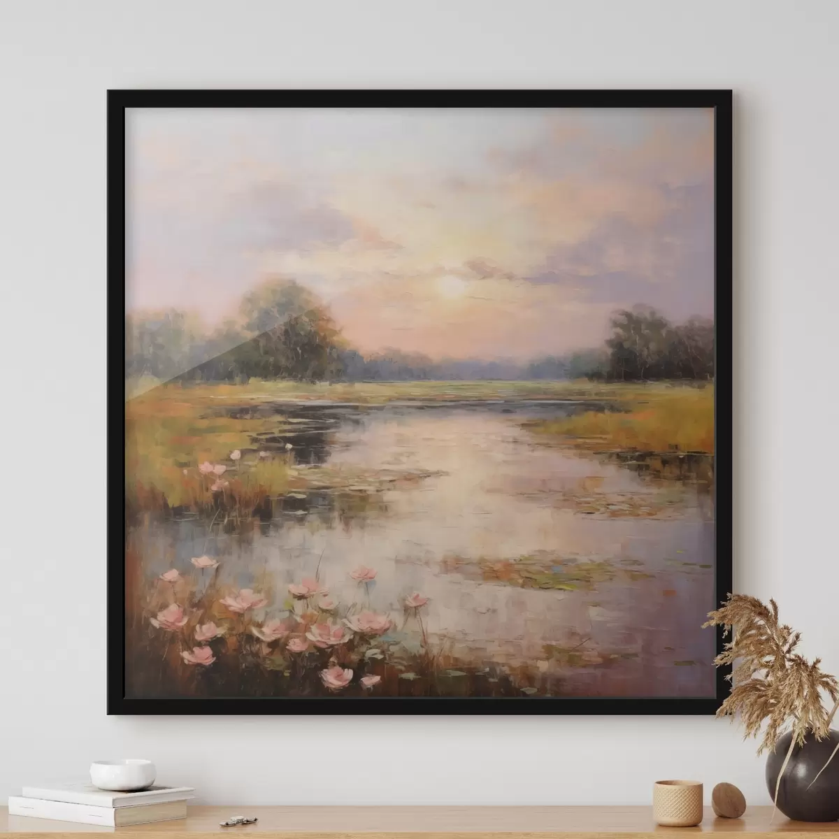 Poster Wasserfläche mit Blumen bei Sonnenuntergang f44044