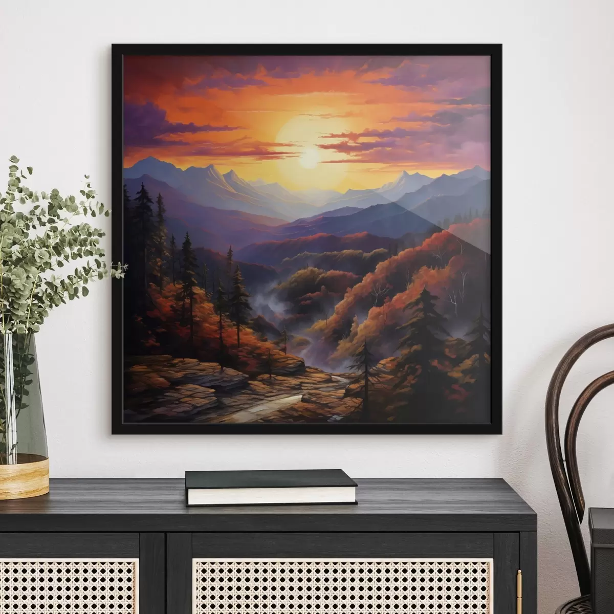 Poster Wald und Berge bei Sonnenuntergang f44045