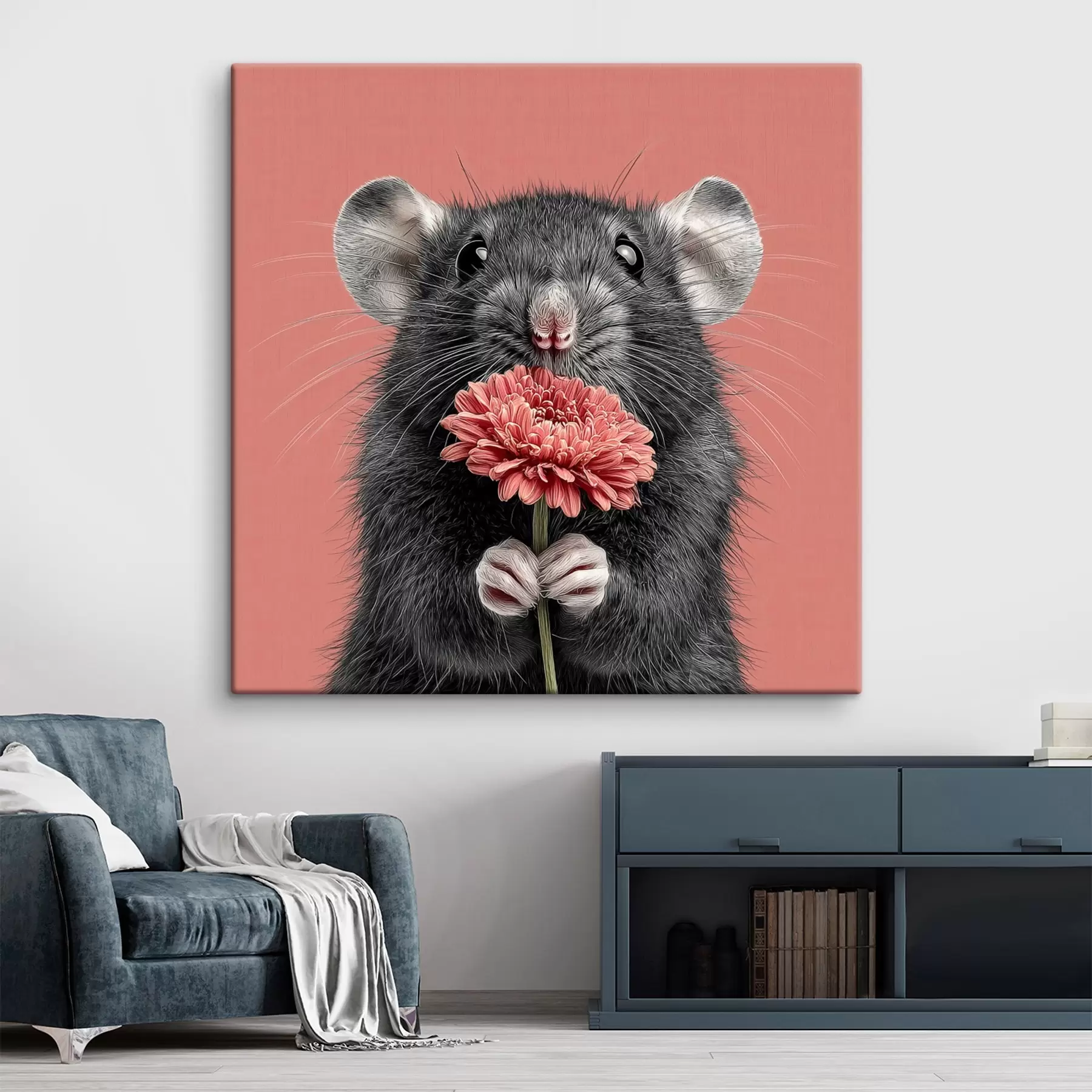 Wandbilder Neugierige Ratte mit einer rosa Gerbera im minimalistischen Stil s44241