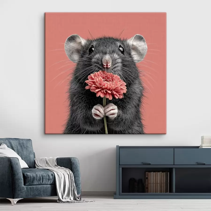 Wandbilder Neugierige Ratte mit einer rosa Gerbera im minimalistischen Stil s44241