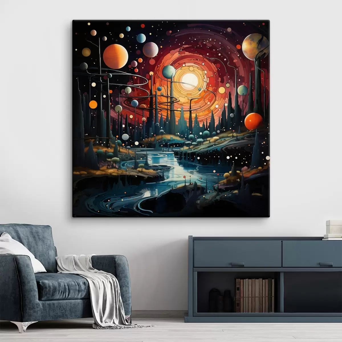 Wandbilder Helle und fantastische Landschaft einer fremden Welt mit Planeten und einem Fluss s44249