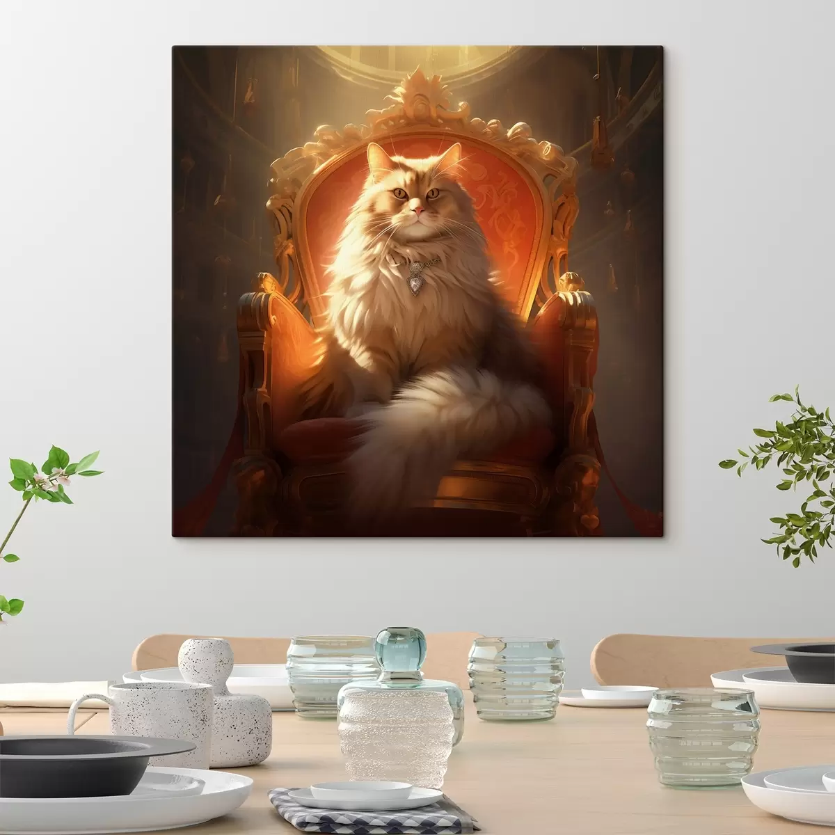 Wandbilder Regal Katze mit bernsteinfarbenen Augen auf einem Thron in den Strahlen der Herrlichkeit im Barock-Stil s44250