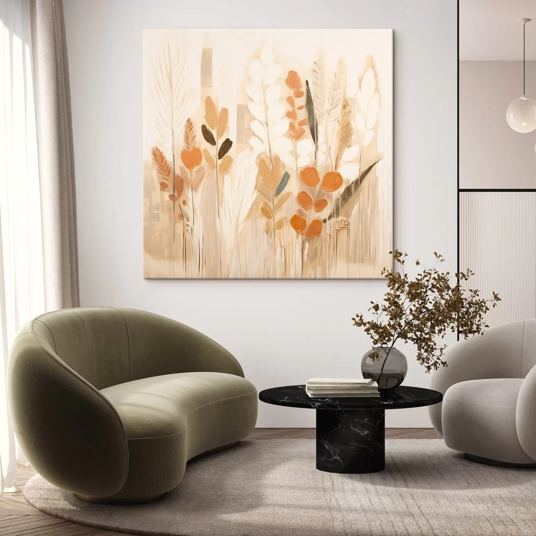 Wandbilder Warme Abstraktion mit Gräsern und Blumen in einer beige-orangefarbenen Palette im Jugendstil s44252