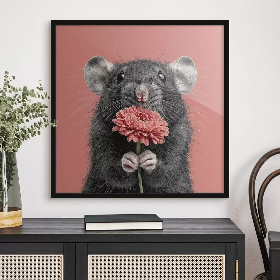 Fototapete Neugierige Ratte mit einer rosa Gerbera im minimalistischen Stil f44241