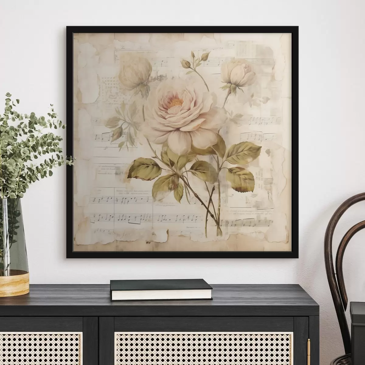 Poster Vintage Zusammensetzung von Rosen vor dem Hintergrund der alten Noten f44247