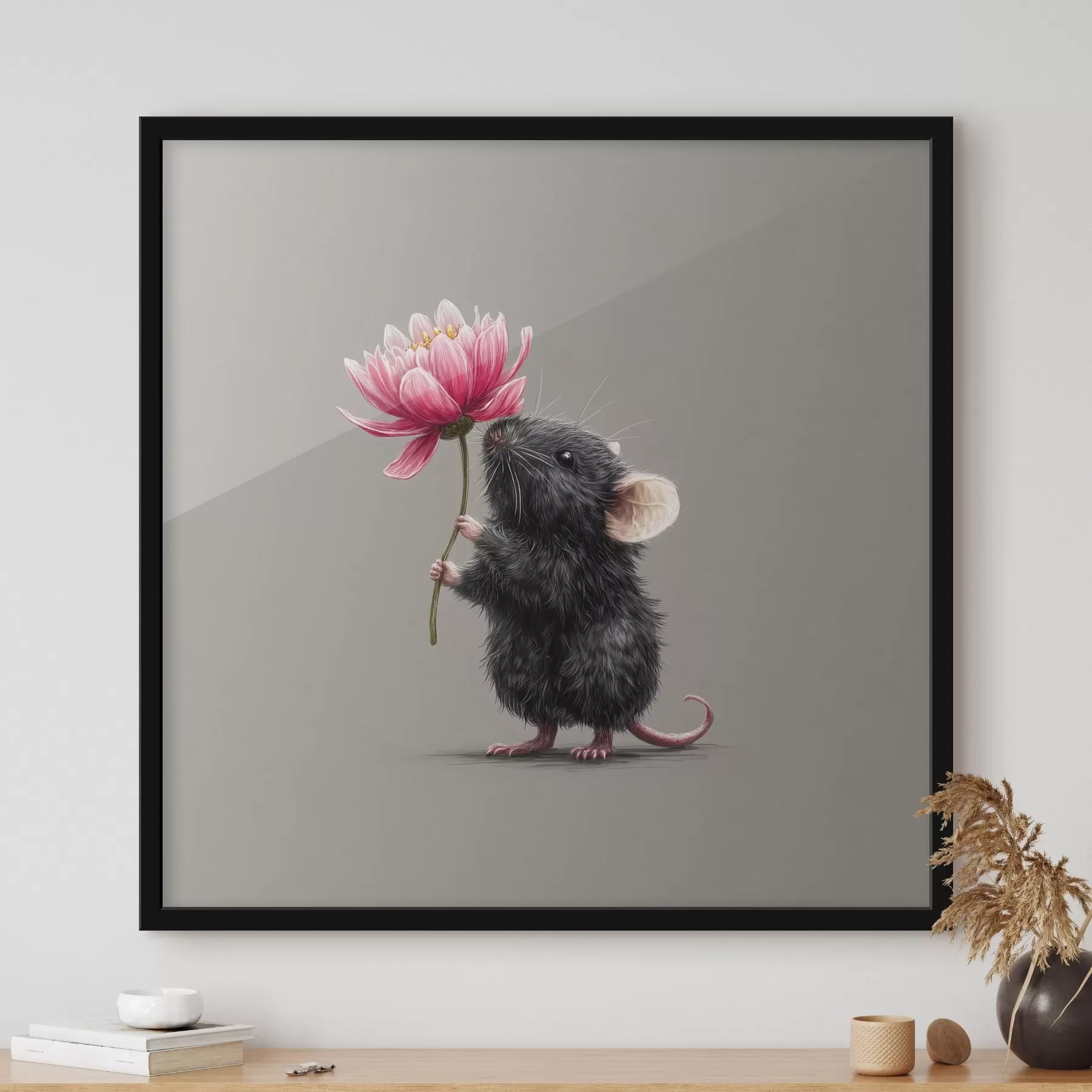 Fototapete Charmante Maus inhaliert den Duft einer rosa Pfingstrose f44248