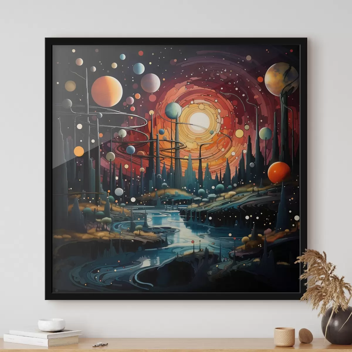 Poster Helle und fantastische Landschaft einer fremden Welt mit Planeten und einem Fluss f44249