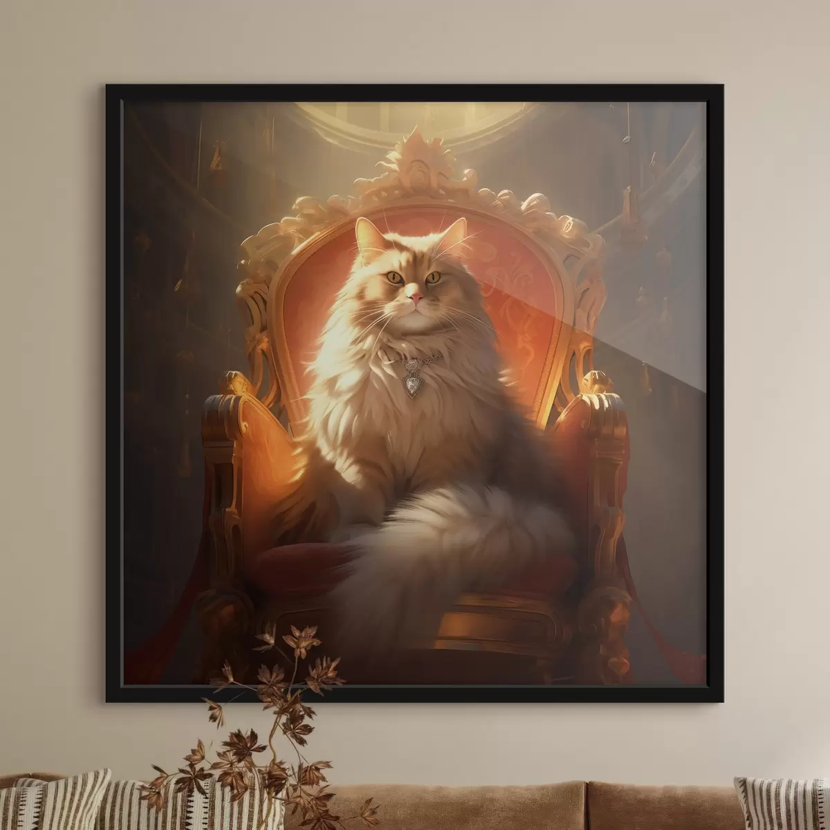 Poster Regal Katze mit bernsteinfarbenen Augen auf einem Thron in den Strahlen der Herrlichkeit im Barock-Stil f44250