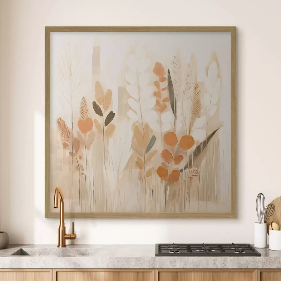 Fototapete Warme Abstraktion mit Gräsern und Blumen in einer beige-orangefarbenen Palette im Jugendstil f44252