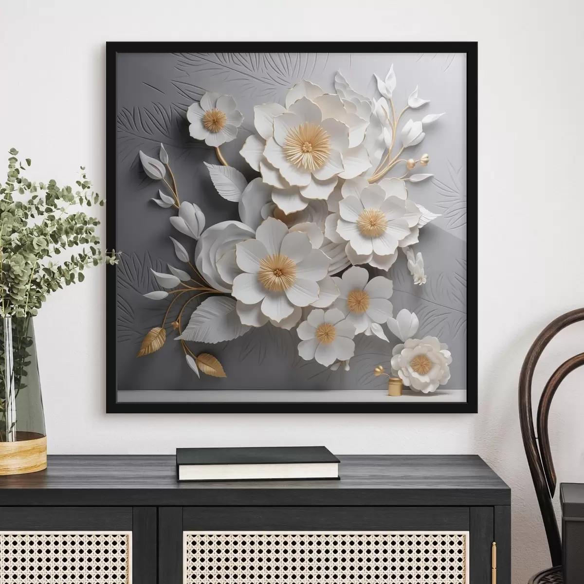 Poster Voluminöse weiße Blumen auf einem grauen Hintergrund im 3D-Stil f44253