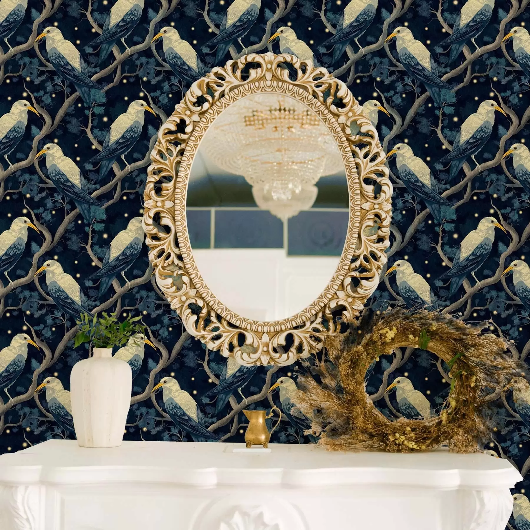 Fototapete Weiße Vögel auf Ästen zwischen leuchtenden Glühwürmchen im nächtlichen Wald a00109