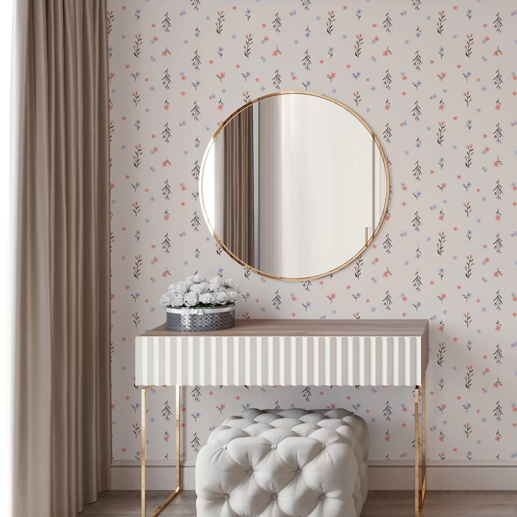 Fototapete Kleine Blumen in zarten Rosa- und Blautönen auf cremefarbenem Hintergrund a00110