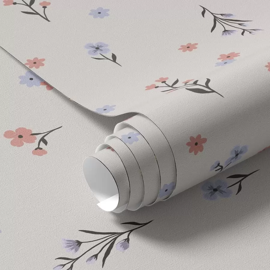 Fototapete Kleine Blumen in zarten Rosa- und Blautönen auf cremefarbenem Hintergrund a00110