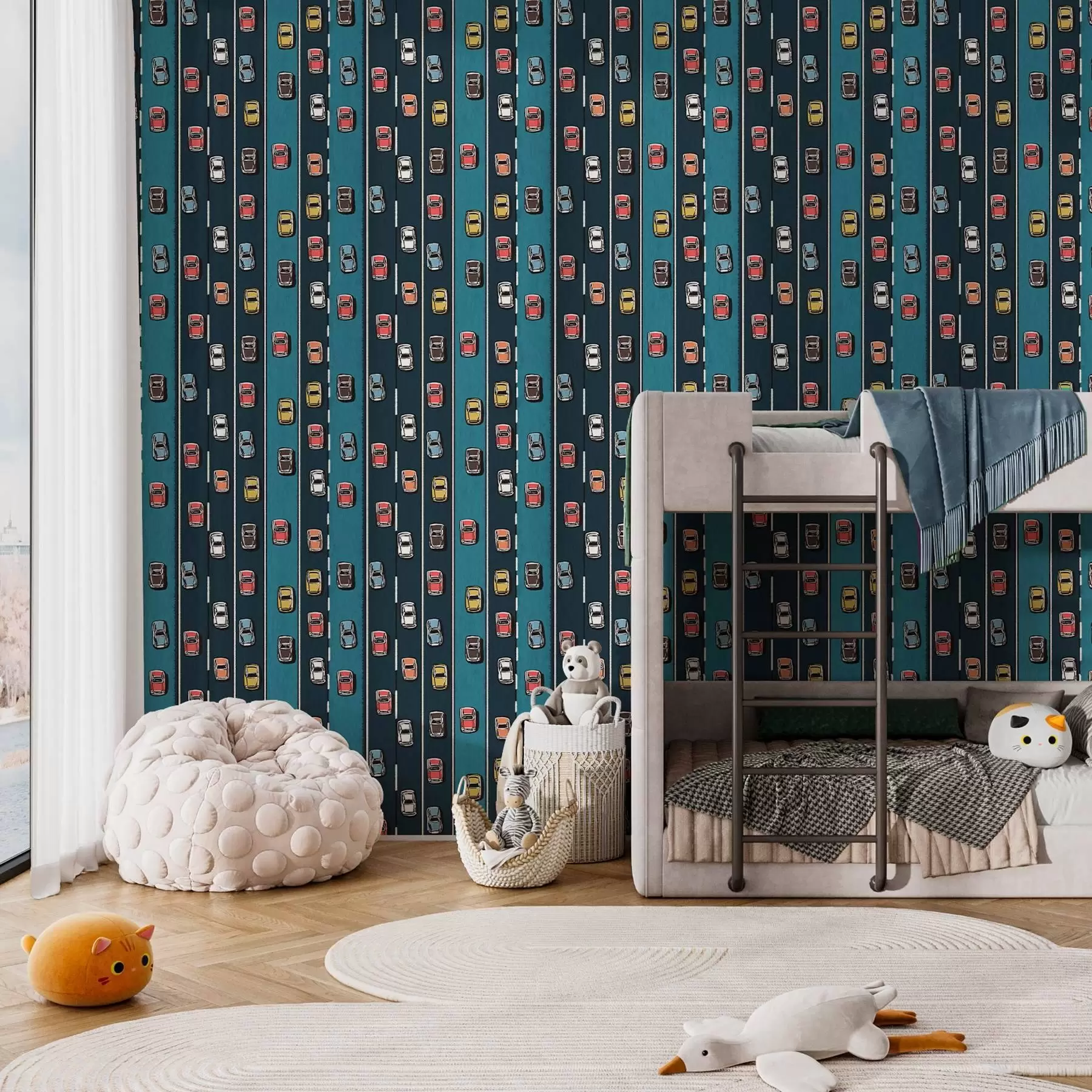 Fototapete Retro-Auto auf marineblauer Straße im Stil der 60er Jahre a00118