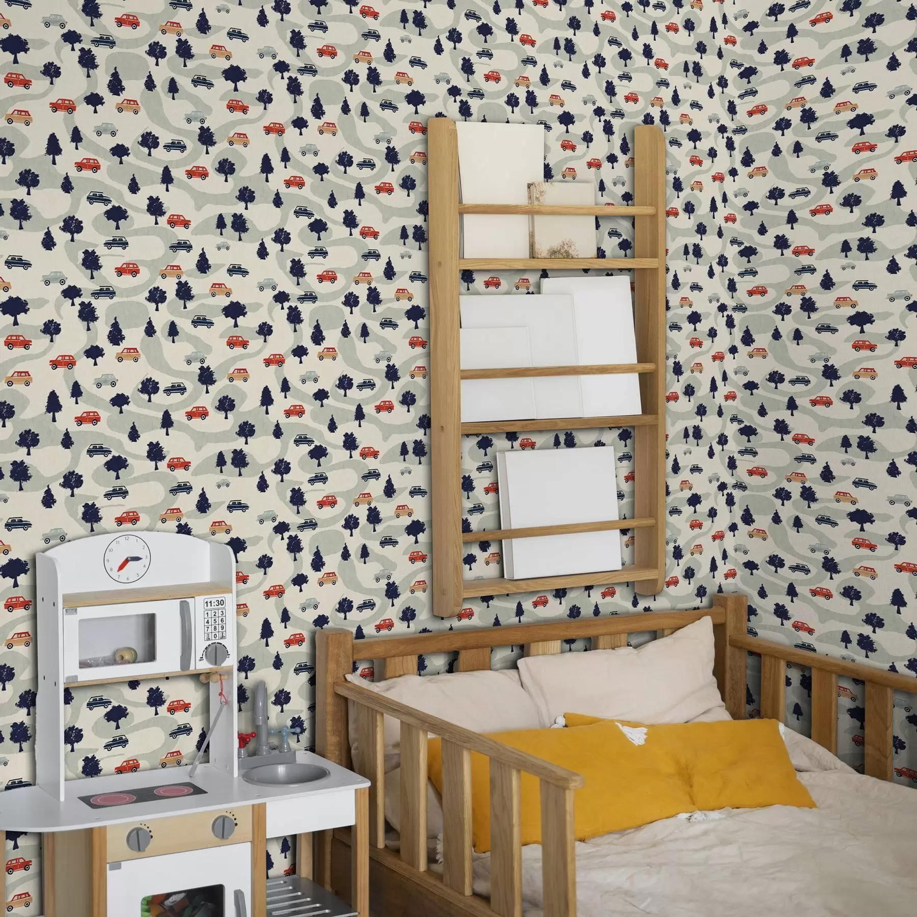 Fototapete Lustige Autos zwischen den Bäumen auf einem cremefarbenen Hintergrund a00119